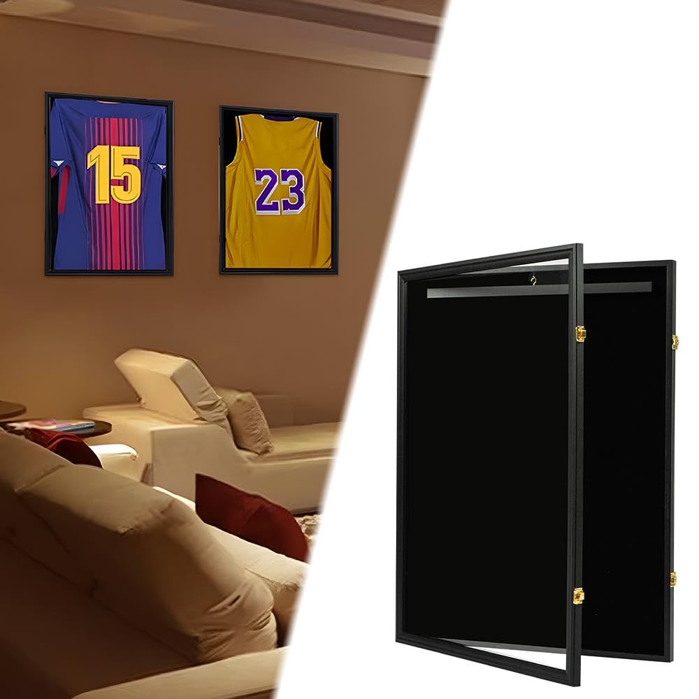 G-PLUS Wall Art Display 32" Jersey Cover Football Basketball Shirt Frame Lockable Box Rack Wall Display/Case Black