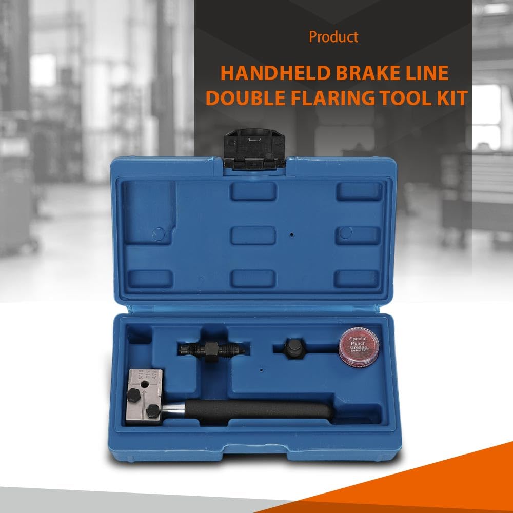 G-PLUS Universal 45 Degree Double Brake Line Flaring Tool Kit 3/16 Inch SAE Hand Held, 45 Steel, Brake Line Tubing Flaring Tool Set with Punch, Positioning Bolt & Lubricant Container Black