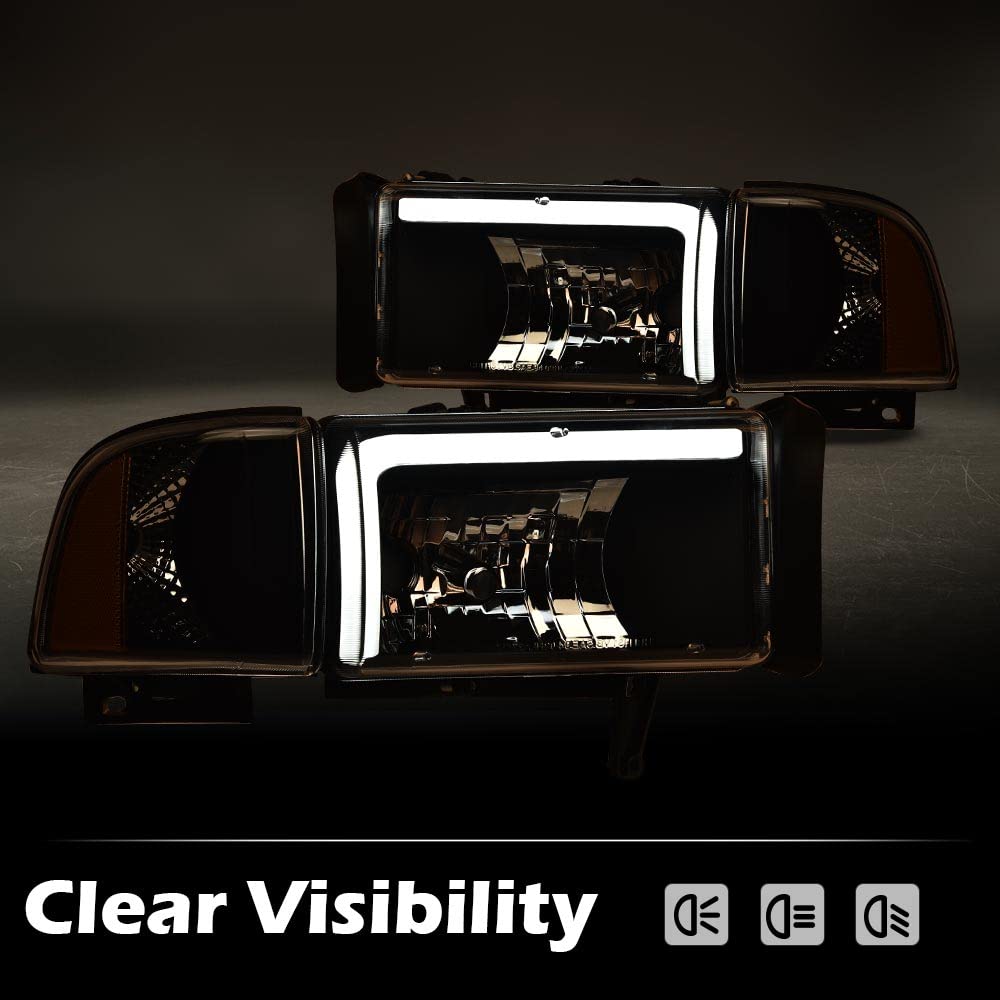 G-PLUS DRL LED Headlights Assembly Fit Dodge Ram 1500 1994-2001,Fit Dodge Ram 2500 3500 1994-2002(Not for Ram Sport) Headlamps w/o Bulbs Clear Lens Black Housing Clear Reflector