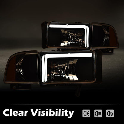 G-PLUS DRL LED Headlights Assembly Fit Dodge Ram 1500 1994-2001,Fit Dodge Ram 2500 3500 1994-2002(Not for Ram Sport) Headlamps w/o Bulbs Clear Lens Black Housing Clear Reflector