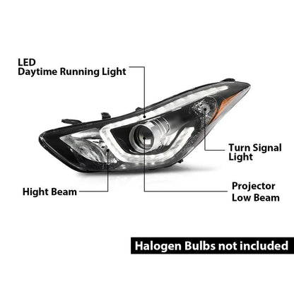 G-PLUS Headlight DRL LED Projector Driver LH Compatible with Hyundai Elantra 2014-2016 Clear Lens Black Housing Amber Reflector Bumper Headlamps,faros delanteros