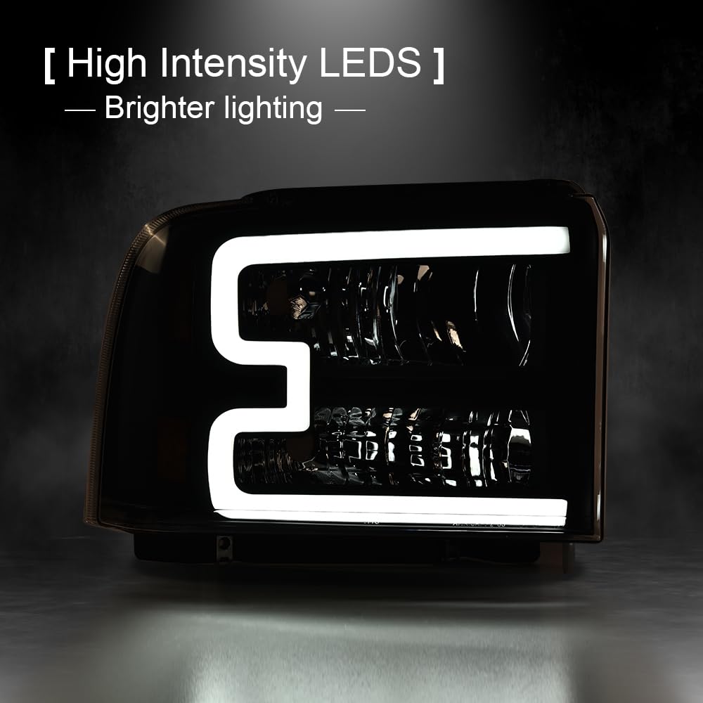 G-PLUS LED Bar Headlights Assembly Fit Ford F250 F350 F450 F550 Super Duty 2005-2007,Fit Ford Excursion 2005 Smoke Lens Black Housing DRL Headlamps w/Wiring,faros delanteros