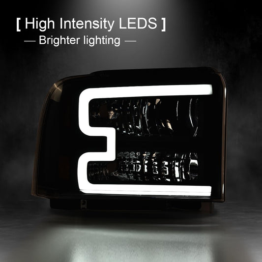 G-PLUS LED Bar Headlights Assembly Fit Ford F250 F350 F450 F550 Super Duty 2005-2007,Fit Ford Excursion 2005 Smoke Lens Black Housing DRL Headlamps w/Wiring,faros delanteros