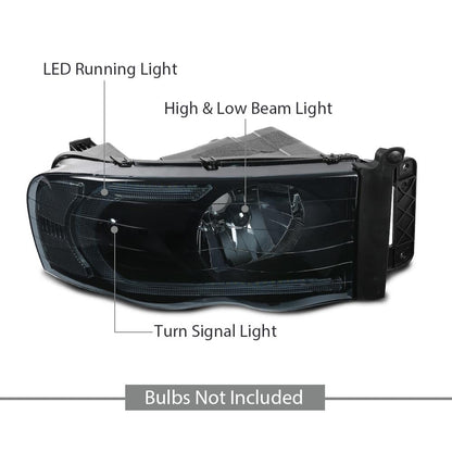 G-PLUS LED Headlights Headlamps Compatible with Dodge Ram 1500 2002-2005,Compatible with Dodge Ram 2500 3500 2003-2005 Smoke Lens Black Housing Clear Reflector,faros delanteros Assembly