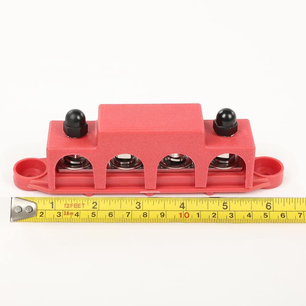 G-PLUS 4 Post Busbar Power Distribution Block with Cover,Busbar Power Battery Terminal Distribution Block 5/16" Posts 12V 250A, 4 Post Power Distribution Block Bus Bar Red