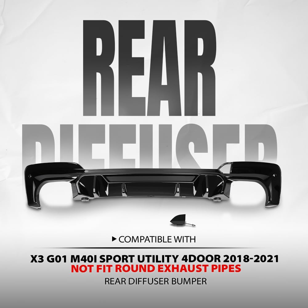 G-PLUS Rear Diffuser Compatible with BMW X3 G01 M40i Sport Utility 4Door 2018 2019 2020 2021 Not Fit Round Exhaust Pipes Rear Diffuser Bumper Lip Glossy Black