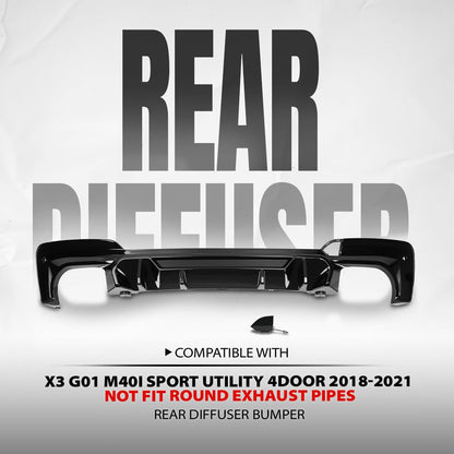 G-PLUS Rear Diffuser Compatible with BMW X3 G01 M40i Sport Utility 4Door 2018 2019 2020 2021 Not Fit Round Exhaust Pipes Rear Diffuser Bumper Lip Glossy Black