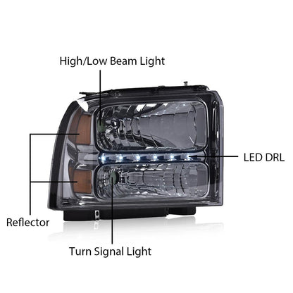 G-PLUS LED Point Style Headlights Assembly,Compatible with Ford F250 F350 F450 F550 Super Duty 2005 2006 2007,Headlamps DRL BAR Smoky Lens Chrome Housing Amber Reflector,faros delanteros
