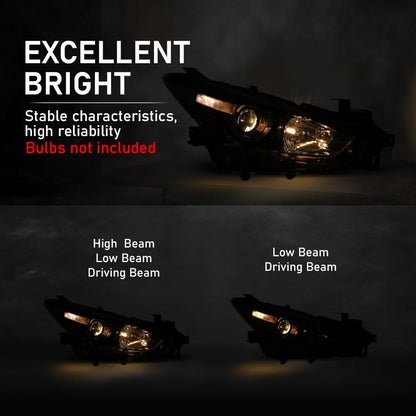 G-PLUS Projector Halogen Headlight LH Driver Side Compatible with Mazda 3 2017-2018 4-Door Sedan & Hatchback Clear Lens Black Housing Amber ReflectorBumper Headlamps,faros delanteros