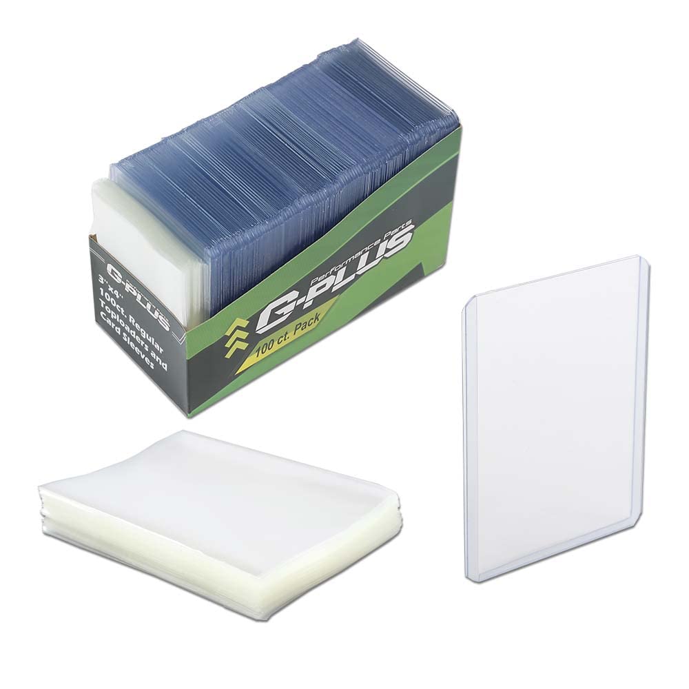 G-PLUS 100 Counts 3"X4" Card Sleeves Baseball Card Protectors,Hard Plastic Sportcards Football Game Card Holder,Collecting Trading Clear Card Sleeves 1.5MM(100 Hard Sleeves + 100 Soft Sleeves)