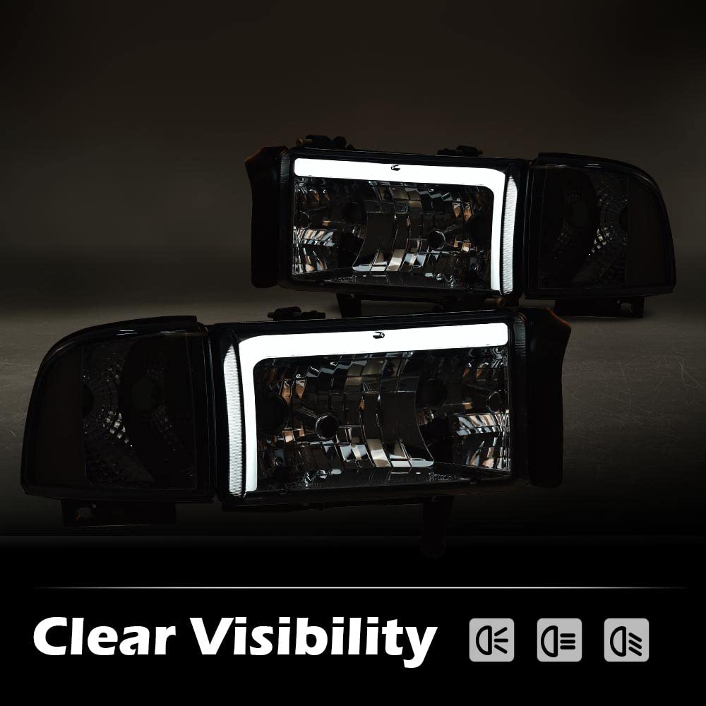 G-PLUS LED Headlights Assembly Fit Dodge Ram 1500 1994-2001/Fit Dodge Ram 2500 3500 1994-2002(Not fit Ram Sport) Headlamps w/o Bulbs Smoky Lens Chrome Housing Clear Reflector,faros delanteros