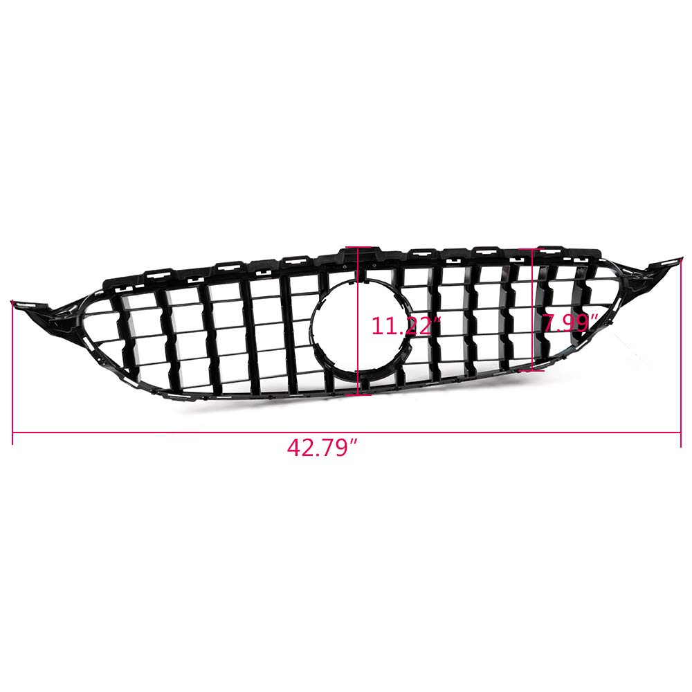 Front Bumper Upper Grille Compatible with C Class C200 C250 C300 C350 W205 2015 2016 2017 2018 AMG GT R Style Chrome Black Hood Grill (Without Camera Hole)