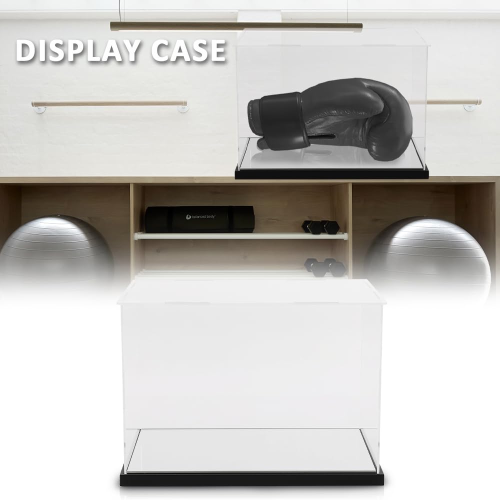 G-PLUS Clear Boxing Glove Display Case Acrylic Display case Fit for Full Size Boxing Glove Storage Box Dustproof UV Protection Cabinet with Carbon Fiber Skin Base and Removable Mirror Base