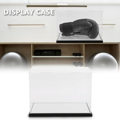 G-PLUS Clear Boxing Glove Display Case Acrylic Display case Fit for Full Size Boxing Glove Storage Box Dustproof UV Protection Cabinet with Carbon Fiber Skin Base and Removable Mirror Base