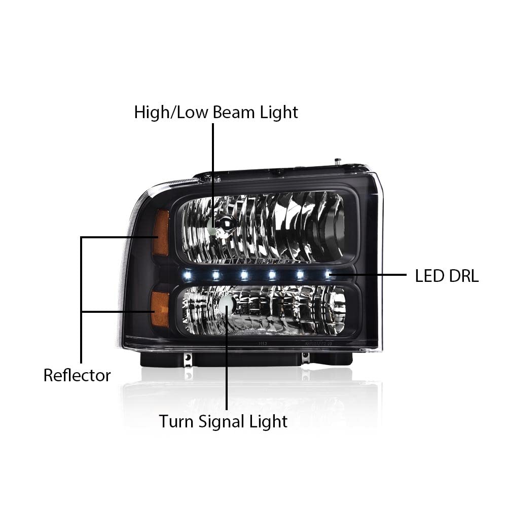 G-PLUS LED Headlights Compatible with Point Style Ford F250 F350 F450 F550 Super Duty 2005-2007 DRL BAR Headlamps Clear Lens Black Housing Amber Reflector,faros delanteros