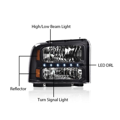 G-PLUS LED Headlights Compatible with Point Style Ford F250 F350 F450 F550 Super Duty 2005-2007 DRL BAR Headlamps Clear Lens Black Housing Amber Reflector,faros delanteros