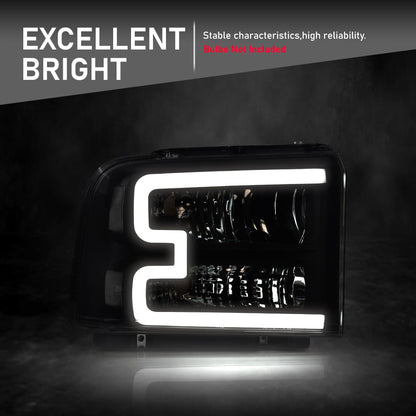 G-PLUS LED DRL BAR Headlight Assembly Compatible with Ford F250 F350 F450 F550 Super Duty 05-07 /Fit Ford Excursion 05 HeadLamps LH & RH Clear lens Black Housing White Reflector FO2503217 6C3Z13008CB