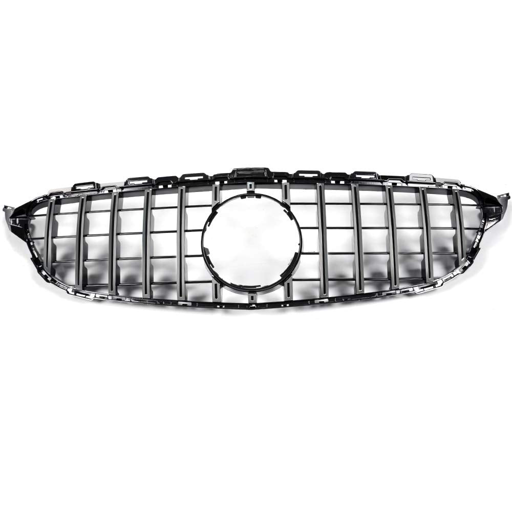 Front Bumper Upper Grille Compatible with C Class C200 C250 C300 C350 W205 2015 2016 2017 2018 AMG GT R Style Chrome Black Hood Grill (Without Camera Hole)