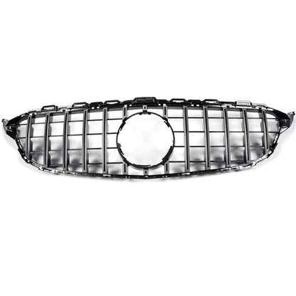 Front Bumper Upper Grille Compatible with C Class C200 C250 C300 C350 W205 2015 2016 2017 2018 AMG GT R Style Chrome Black Hood Grill (Without Camera Hole)