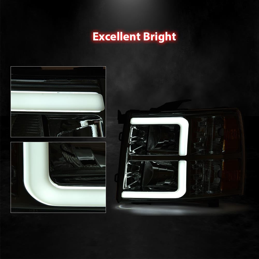 G-PLUS LED DRL Tube Projector Headlights W/o Bulbs Fit Chevy Silverado 1500 2007-2013/Fit Silverado 2500 HD 3500 HD 2007-2014 Clear Lens Chrome Housing Amber Reflector Bumper Headlamps