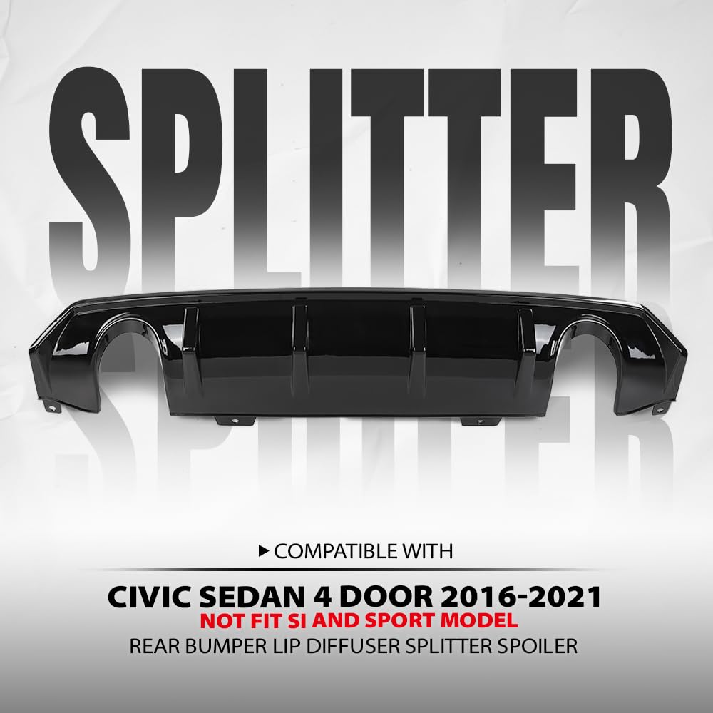 G-PLUS Rear Bumper Lip Diffuser Splitter Spoiler Compatible with Honda Civic Sedan 4 Door 2016 2017 2018 2019 2020 2021 (Not Fit Si and Sport Model) Glossy Black