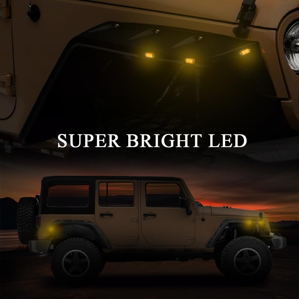 G-PLUS Fender Flares w/LED Side Maker, Compatible with Jeep JK Wrangler 2/4 Door Model 2007-2018, Unlimited, Rubicon Unlimited, Smooth Pocket Riveted 4 PCS Wheel Flares