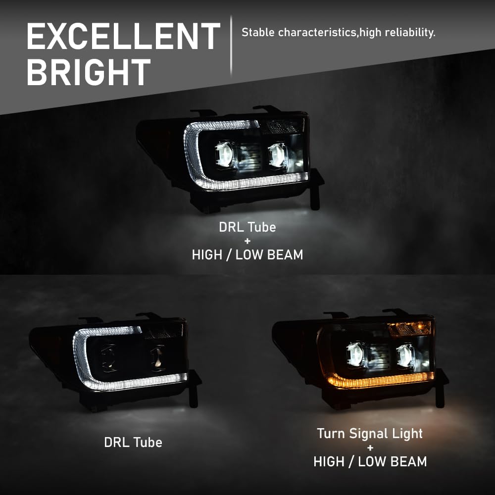 G-PLUS LED Tube Projector Headlights Assembly Compatible with Toyota Tundra 2007-2013, Fit Toyota Sequoia 2008-2017 Left & Right Headlamps, Clear Lens Black Housing Clear Reflector, TO2502171
