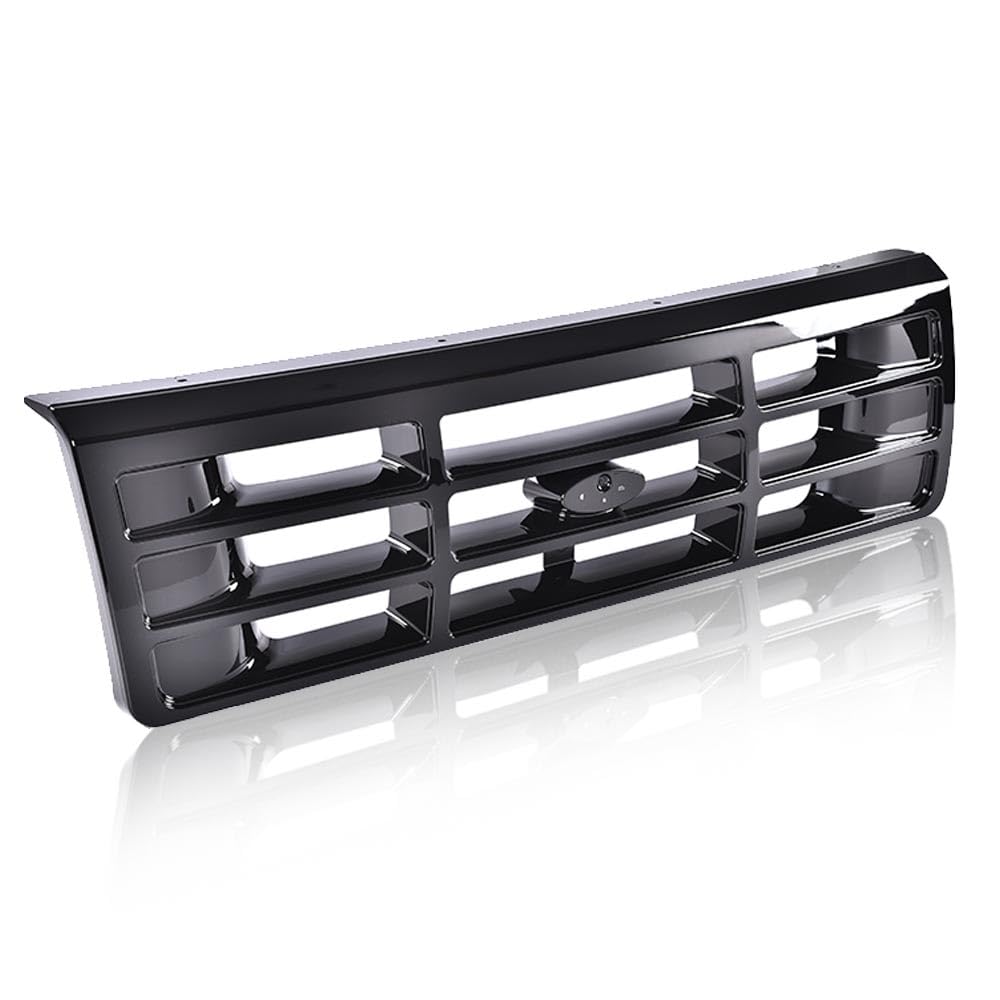 G-PLUS Front Grille Grill Compatible with 1992-1996 Bronco/1992-1997 Ford F150 F250 F350 Platinum Chrome w/Emblem Truck Replacement, Gloss Black FO1200173 FO2512130 FO2513131