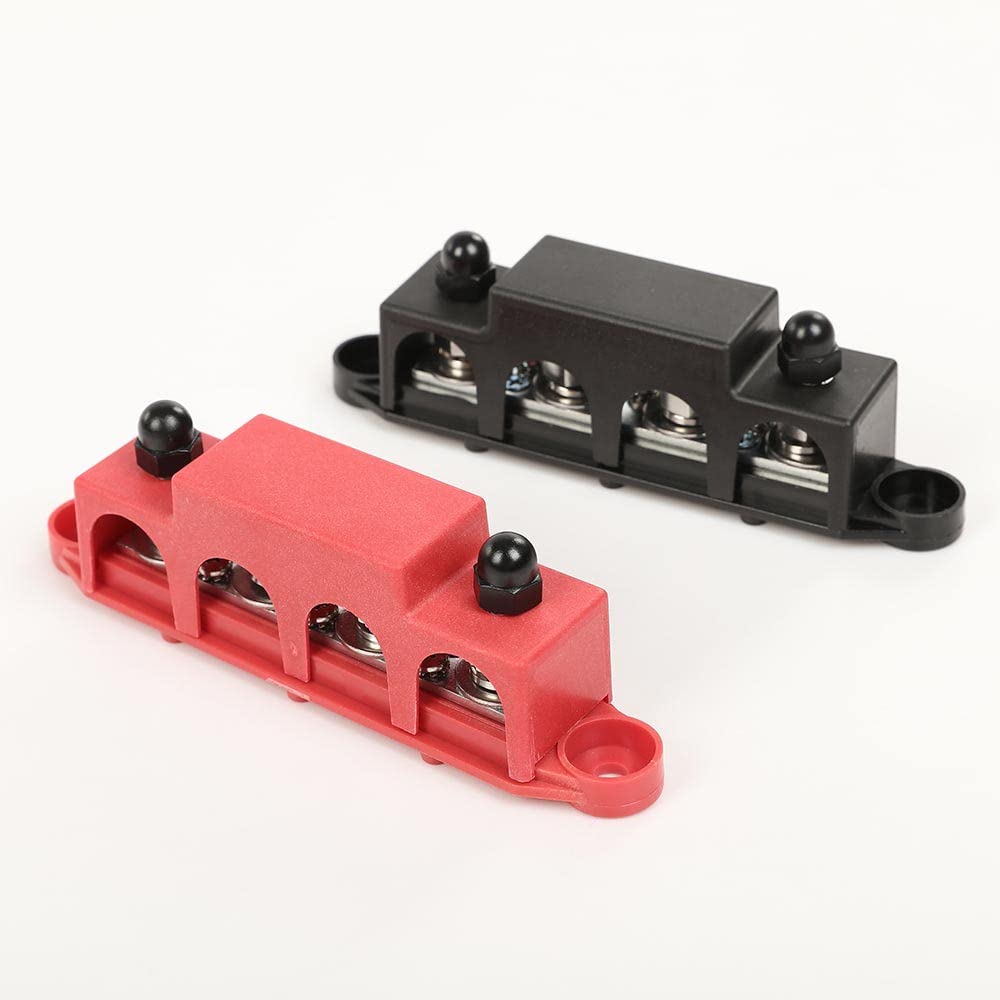 G-PLUS 4 Post Power Distribution Block Bus Bar with Cover, Busbar Power Battery Terminal Distribution Block 5/16" Posts 12V 250A, 4 Post Busbar Power Distribution Block Black & Red