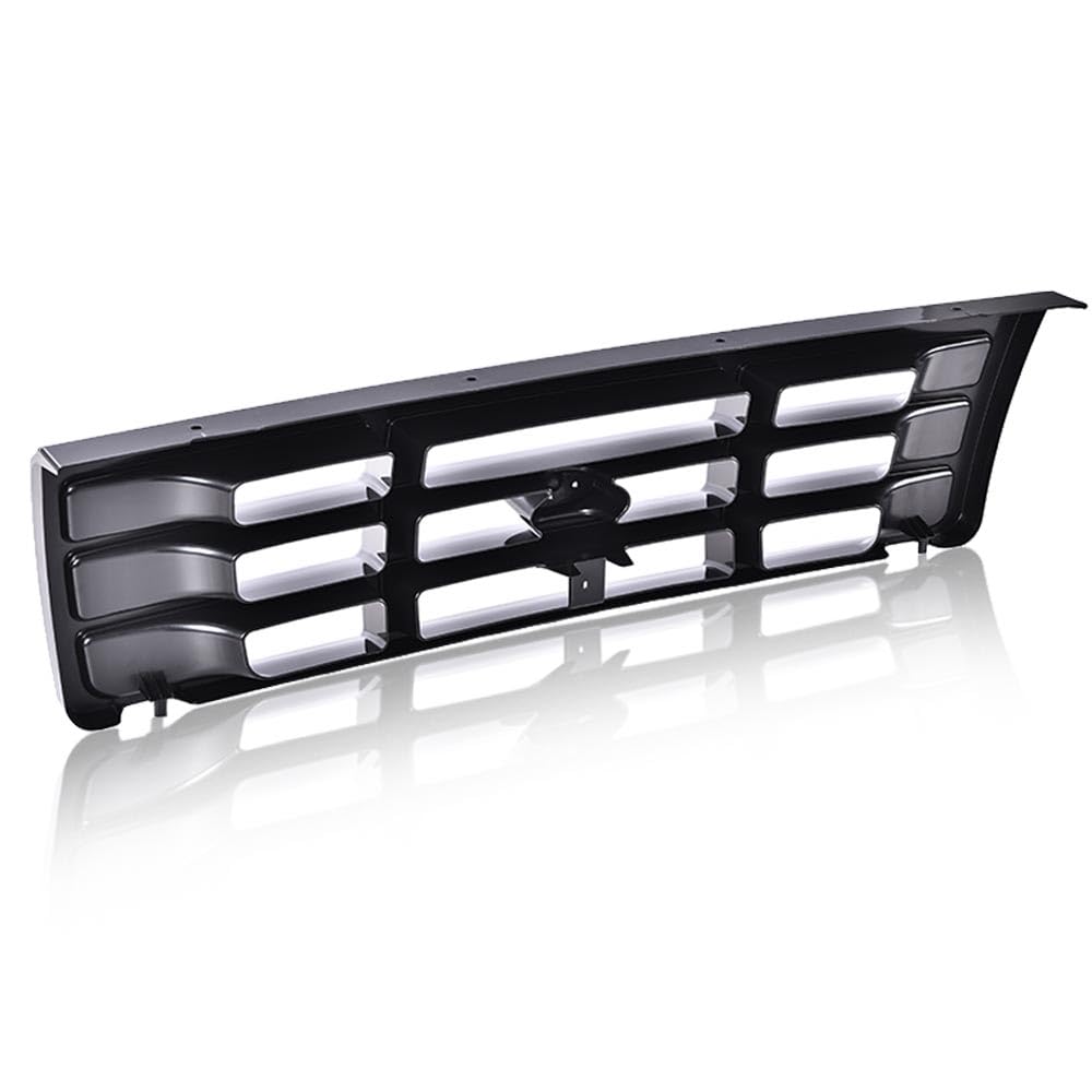 G-PLUS Front Grille Grill Compatible with 1992-1996 Bronco/1992-1997 Ford F150 F250 F350 Platinum Chrome w/Emblem Truck Replacement, Gloss Black FO1200173 FO2512130 FO2513131