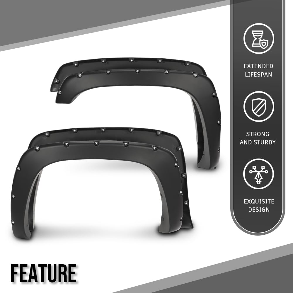 G-PLUS Fender Flares 4 PCS Smooth Pocket Riveted Compatible with Chevy Silverado/GMC Sierra 1999-2006 (Incl. 2007 Classic Models) Not Fit Dually & Step-side Models Wheel Flares Protector Cover