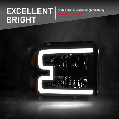 G-PLUS LED DRL BAR Headlight Assembly Compatible with Ford F250 F350 F450 F550 Super Duty 2005-2007/Fit Ford Excursion 2005 HeadLamps Clear lens Black Housing Amber Reflector FO2503217 ‎6C3Z13008CB