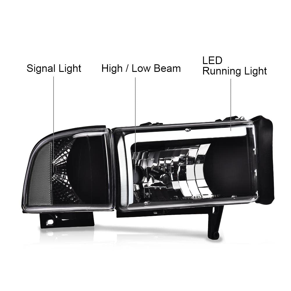 G-PLUS DRL LED Headlights Assembly Fit Dodge Ram 1500 1994-2001,Fit Dodge Ram 2500 3500 1994-2002(Not for Ram Sport) Headlamps w/o Bulbs Clear Lens Black Housing Clear Reflector