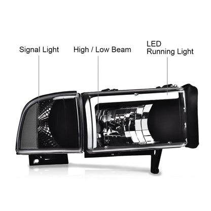 G-PLUS DRL LED Headlights Assembly Fit Dodge Ram 1500 1994-2001,Fit Dodge Ram 2500 3500 1994-2002(Not for Ram Sport) Headlamps w/o Bulbs Clear Lens Black Housing Clear Reflector