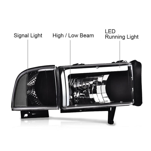 G-PLUS DRL LED Headlights Assembly Fit Dodge Ram 1500 1994-2001,Fit Dodge Ram 2500 3500 1994-2002(Not for Ram Sport) Headlamps w/o Bulbs Clear Lens Black Housing Clear Reflector