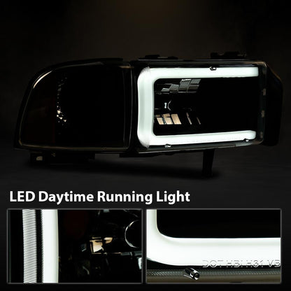 G-PLUS LED C Light Bar Headlights Assembly Fit Dodge Ram 1500 1994-2001/Fit Dodge Ram 2500 3500 1994-2002 Headlamps w/o Bulbs DRL Clear Lens Black Housing Amber Reflector,faros delanteros