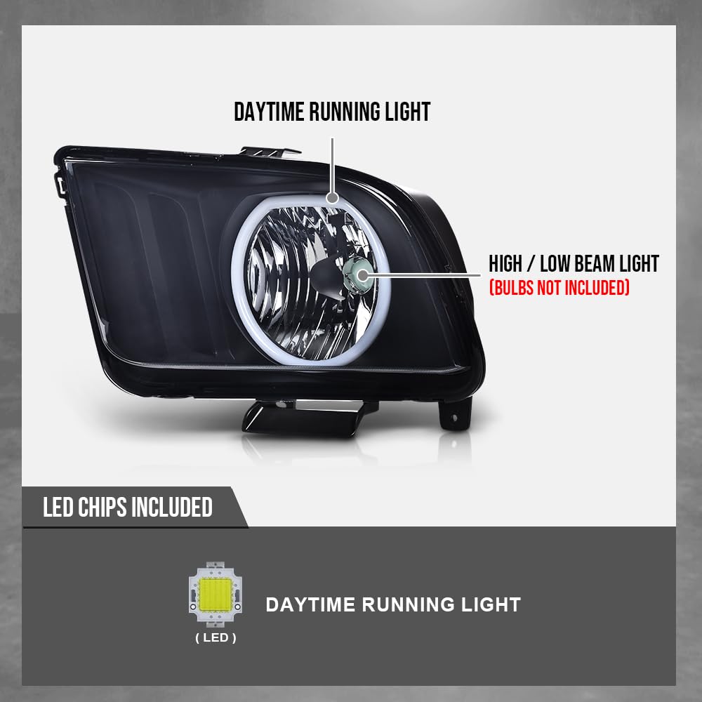 G-PLUS LED Headlights Assembly Compatible with Ford Mustang 2005-2009 4R3Z13008AA, 4R3Z13008AB Bumper Headlamps Left & Right Smoky Lens Black Housing Amber Reflector faros delanteros