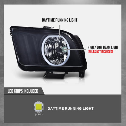 G-PLUS LED Headlights Assembly Compatible with Ford Mustang 2005-2009 4R3Z13008AA, 4R3Z13008AB Bumper Headlamps Left & Right Smoky Lens Black Housing Amber Reflector faros delanteros