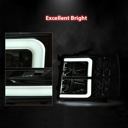 G-PLUS LED DRL Tube Projector Headlights W/o Bulbs Fit Chevy Silverado 1500 2007-2013/Fit Silverado 2500 HD 3500 HD 2007-2014 Clear Lens Chrome Housing Clear Reflector Bumper Headlamps
