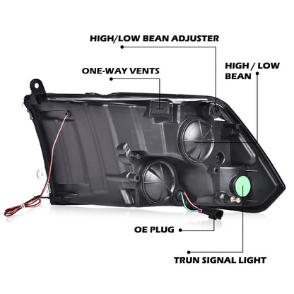 G-PLUS LED DRL Headlights Fit Dodge Ram 1500 2500 3500 2009-2012(New Body), Fit Factory Quad, Clear Lens Chrome Housing Amber Reflector Bumper Headlamps, faros Assembly