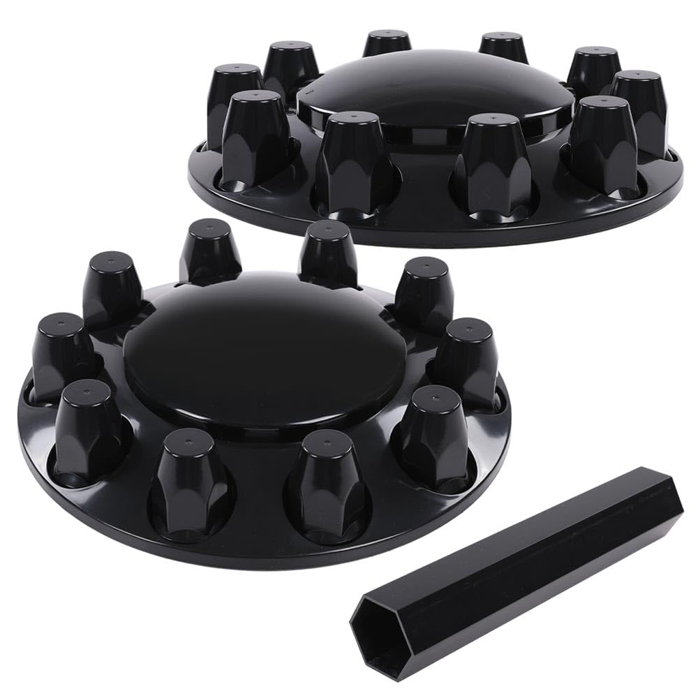 G-PLUS Front Wheel Covers Hub Axle Semi Fit Most of 10 Holes 20" & 22.5" & 24.5" Semi-Truck Wheels with 11.25" Bolt Circle Wheels Glossy Black Plastic ABS