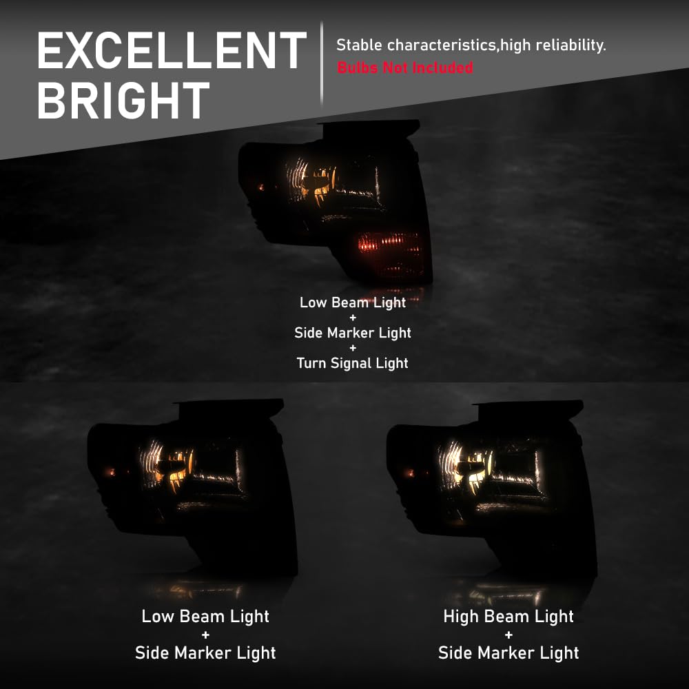 G-PLUS Headlights Assembly, Compatible with 2009 2010 2011 2012 2013 F150(NOT Fit LED Style,Only Fit without LED Style) bumper Headlamp, Smoky lens Chrome Housing Amber Reflector