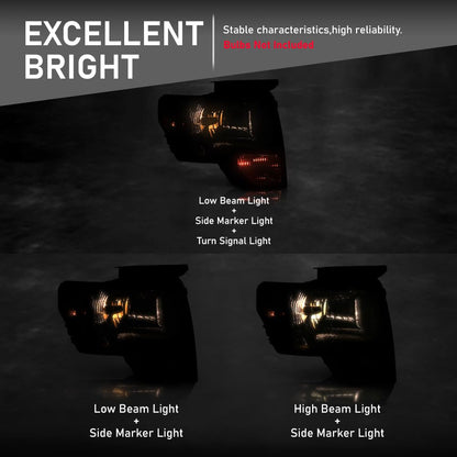 G-PLUS Headlights Assembly, Compatible with 2009 2010 2011 2012 2013 F150(NOT Fit LED Style,Only Fit without LED Style) bumper Headlamp, Smoky lens Chrome Housing Amber Reflector