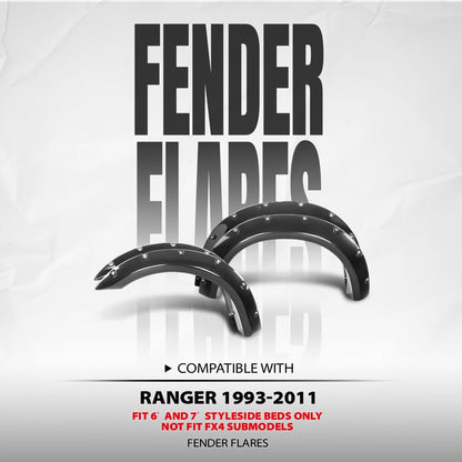 G-PLUS Fender Flares Compatible with Ford Ranger 1993-2011, Fit 6' and 7' Styleside Beds Only, Not Fit FX4 Submodels Black, Smooth Riveted Style