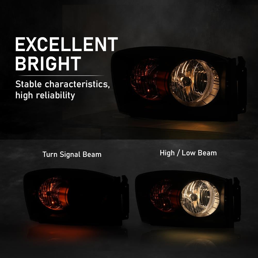 G-PLUS Headlights Assembly Left and Right Side Compatible with Dodge Ram 1500 2006-2008/Fit Dodge Ram 2500 3500 2006-2009 Smoke Lens Black Housing Amber Reflector 68003125AD 68003124AD