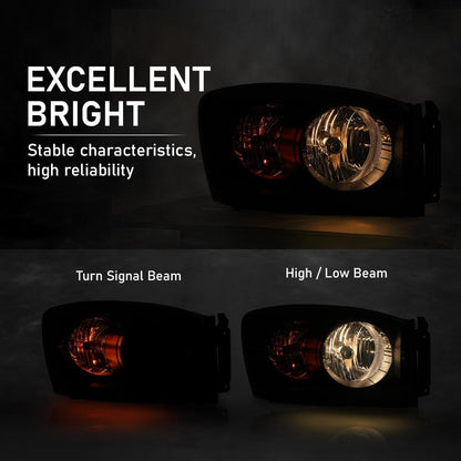 G-PLUS Headlights Assembly Left and Right Side Compatible with Dodge Ram 1500 2006-2008/Fit Dodge Ram 2500 3500 2006-2009 Smoke Lens Black Housing Amber Reflector 68003125AD 68003124AD