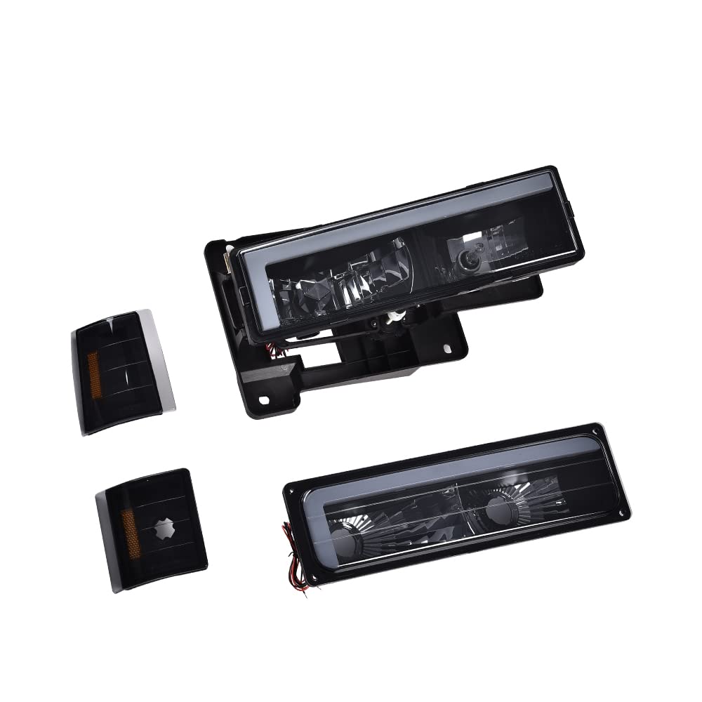G-PLUS LED DRL headlights, Compatible with 1994 1995 1996 1997 1998 1999 2000 GMC C10 C/K C1500 bumper Headlamp, Smoky lens Black Housing Amber Reflector