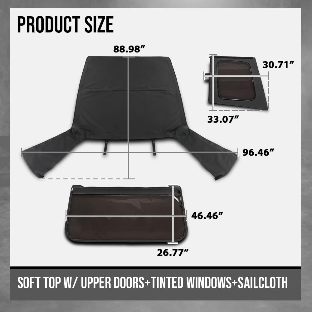 G-PLUS Soft Top Sailcloth w/Plastic Windows Fit Jeep Wrangler 1987-1995 with Factory Squared Style Upper Doors, Not Fit With Full Doors or Upper Doors Rounded Like Full Doors 9870215, 9870217 Black