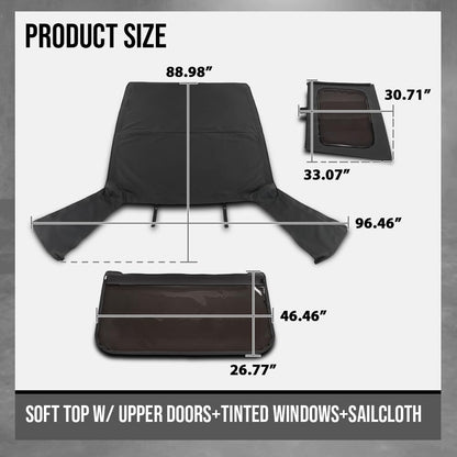 G-PLUS Soft Top Sailcloth w/Plastic Windows Fit Jeep Wrangler 1987-1995 with Factory Squared Style Upper Doors, Not Fit With Full Doors or Upper Doors Rounded Like Full Doors 9870215, 9870217 Black