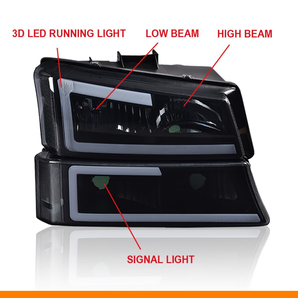 G-PLUS LED DRL Headlights Assembly + Tail Lights Fit Chevy Silverado 1500 1500 HD 2500 2500 HD 2003-2006, Smoky Lens Black Housing Clear Reflector Headlamps Assembly Dark Red Taillights